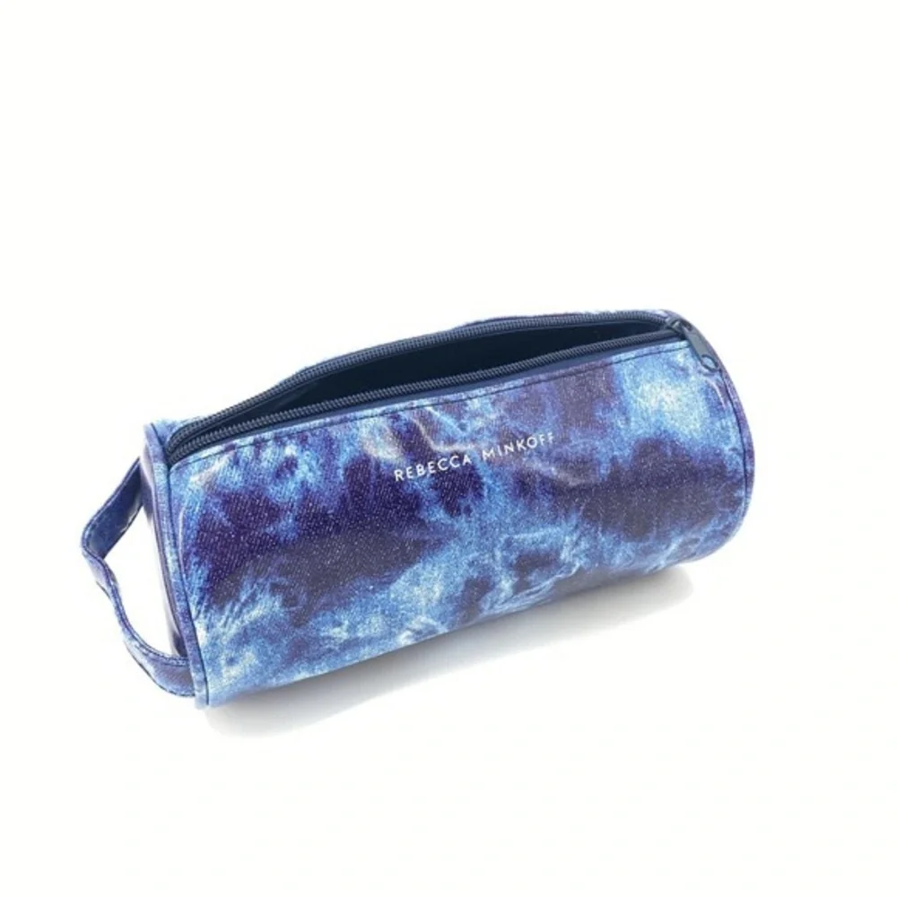 NWT REBECCA MINKOFF Exclusive Denim Blue Tie Dye Cylinder Makeup Cosmetic Pouch